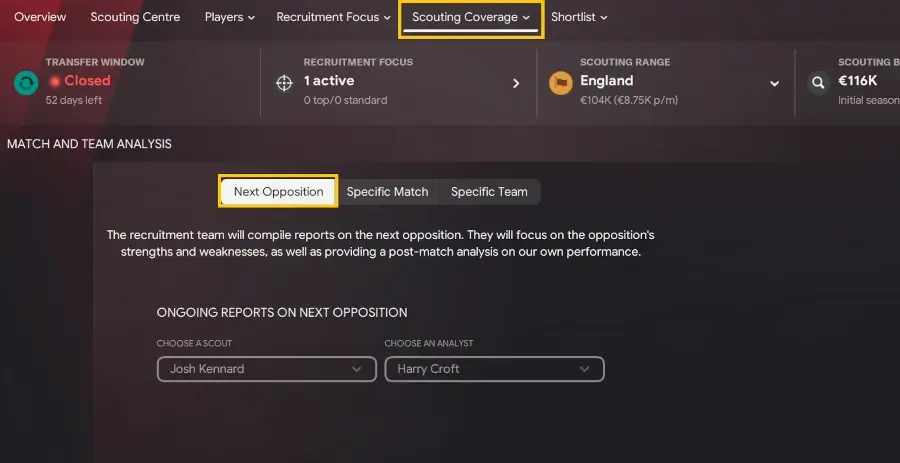 Setting up next opposition scout reports