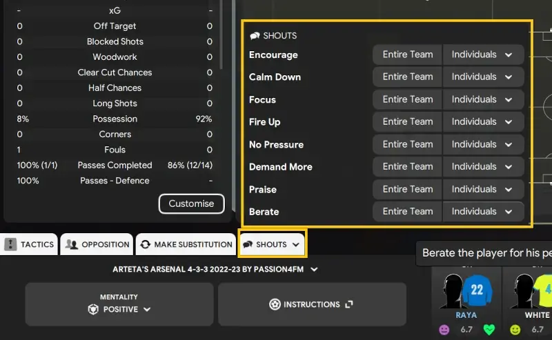 Touchline shouts instructions for collective players or individuals on Football Manager