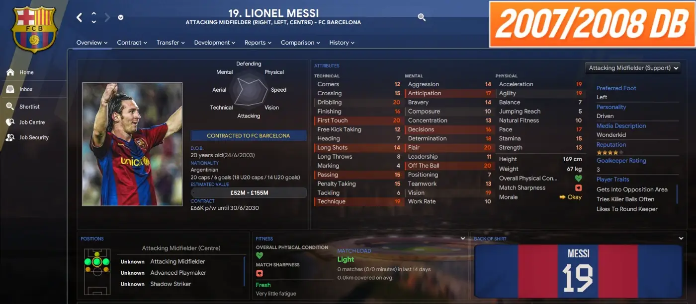 Wonderkid Lionel Messi in 2007-08 throwback database for FM24