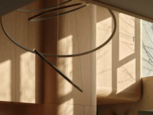 Wooden Sunshine's Home with unique shapes and sunlight highlighting the space